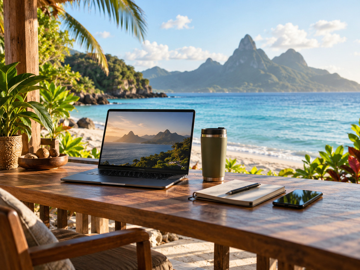 Laptop, coffee cup, and notebook on a shaded seaside desk overlooking turquoise water and tropical mountains