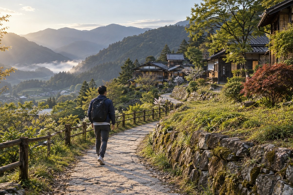 Traveler following a winding path toward a Japanese mountain village in soft morning light